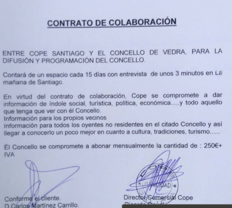 'Contrato de colaboración' entre o Concello de Vedra e a COPE