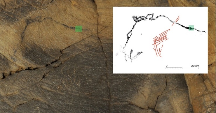 Detalle dun dos motivos pintados coa localización da mostra datada (recadro verde). Á dereita, calco da pintura datada (en negro) e a figura zoomorfa esquemática infraxacente (vermello) / GEPN-AAT - IPHES.