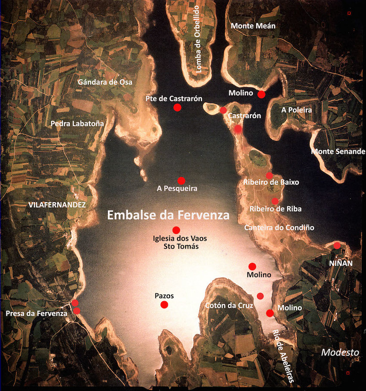 Mapa dos lugares desaparecidos no Encoro da Fervenza-Os Vaos 