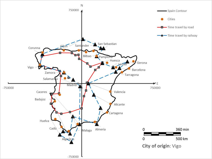 Mapa que mostra o tempo necesario para viaxar dende Vigo a outras cidades 