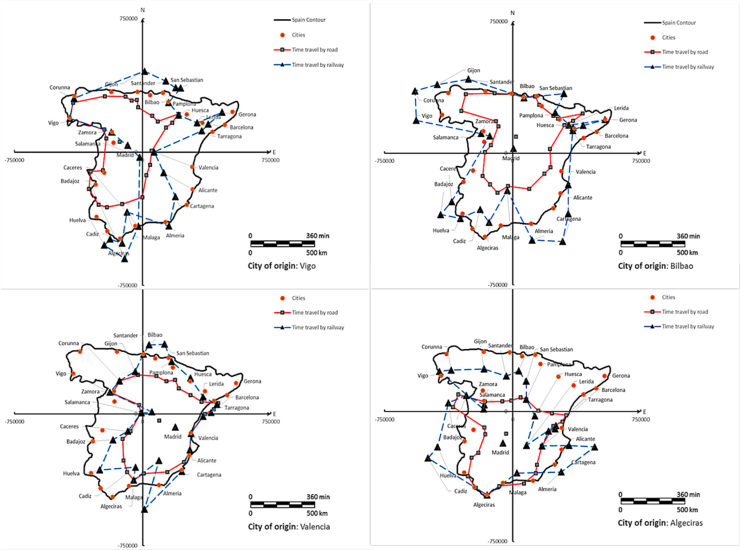 Mapas que mostran o tempo necesario para viaxar a outras cidades dende Vigo, Bilbao, Valencia e Alxeciras (por orde, de esquerda a dereita comezando por arriba) 