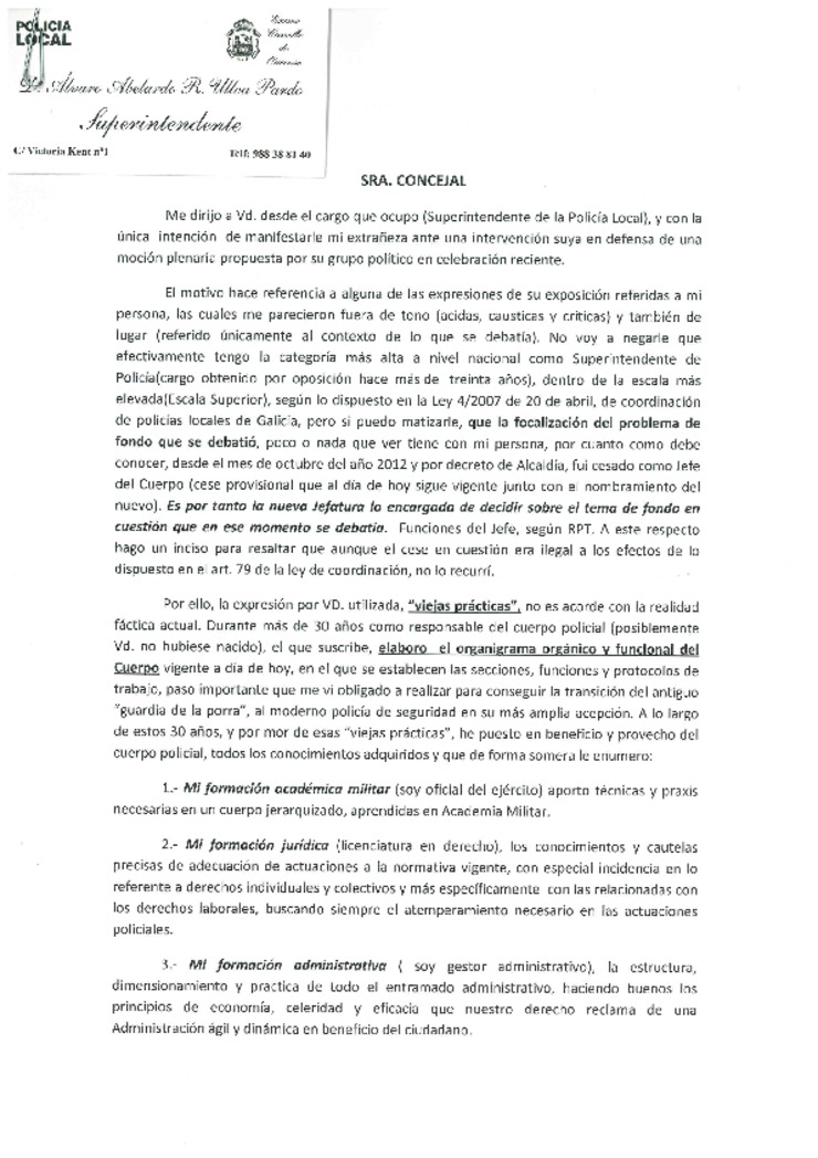 Primeira páxina da carta do superintedente da Policía Local a Ledicia Piñeira enviada por Ourense en Común aos medios de comunicación
