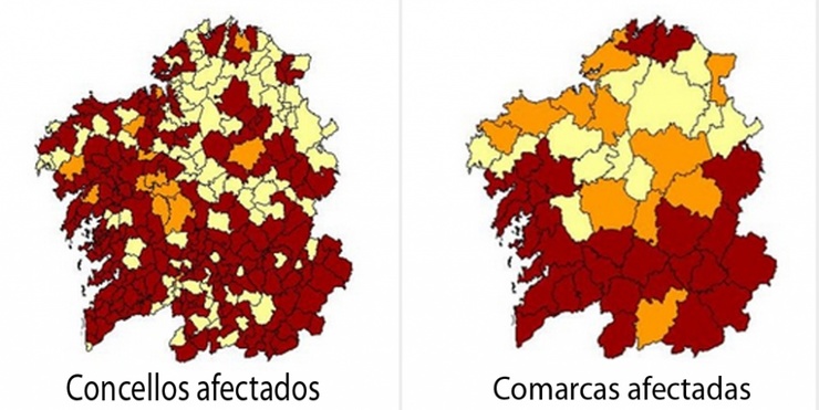Mapa do radon en Galicia. As zonas vermellas son as máis afectadas 