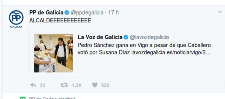 Tuit do PP burlándose da vitoria de Pedro Sánchez en Vigo