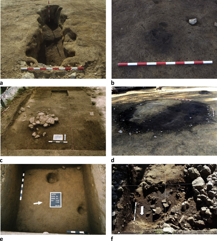 Imaxes de xacementos nos que se tomaron mostras de carbón vexetal para analizar o uso da madeira na Idade de Bronce: A Pataqueira (a, b), Pego (c), Chan das Pozas (d), Lavra (e) e Vale de Chão (f) 