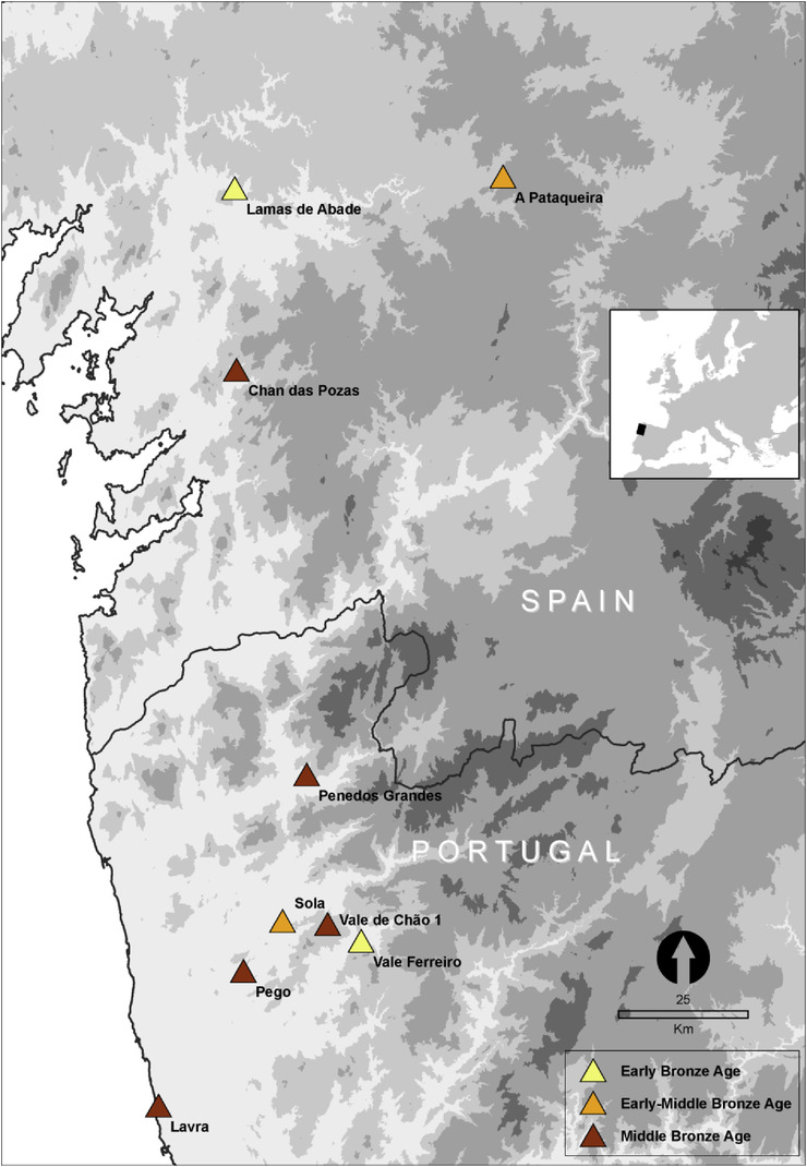 Mapa no que se sitúan os asentamentos humanos na Idade de Bronce Antiga e Media onde foron tomadas mostras 