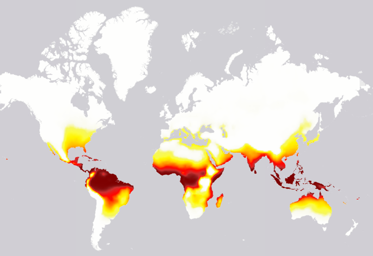 Mapa feito na Universidade de Hawai no que se representan as zonas con maior risco de sufrir máis ondas de calor mortais en 2100 se non se reducen as emisións de gases de efecto invernadoiro; as zonas vermellas serían as máis afectadas.