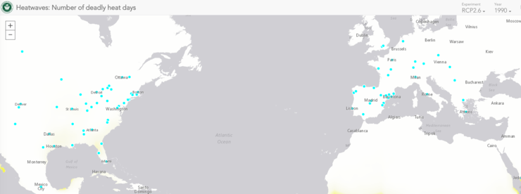 Os puntos de cor azul representan eventos históricos de calor en todo o planeta que foron investigados académicamente e documentados; dous destes eventos sitúanse en Galicia.