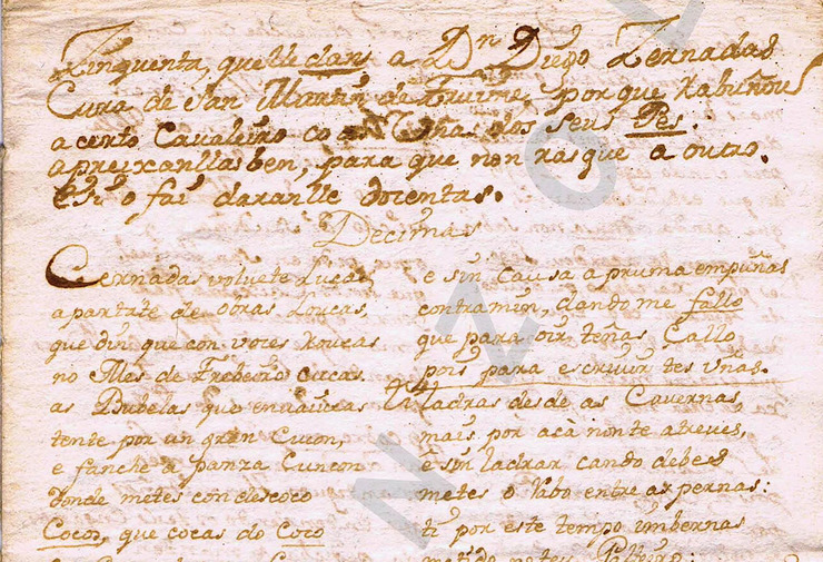 Detalle da primeira páxina dun manuscrito inédito escrito en galego culto dos Séculos Escuro 