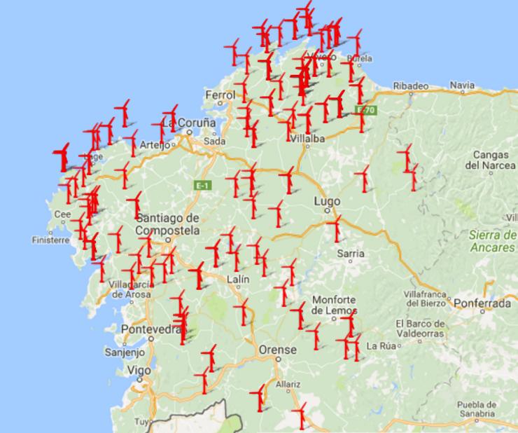 Parques distribuídos por todo o territorio galego, segundo a Asociación Eólica Empresarial / AEE.