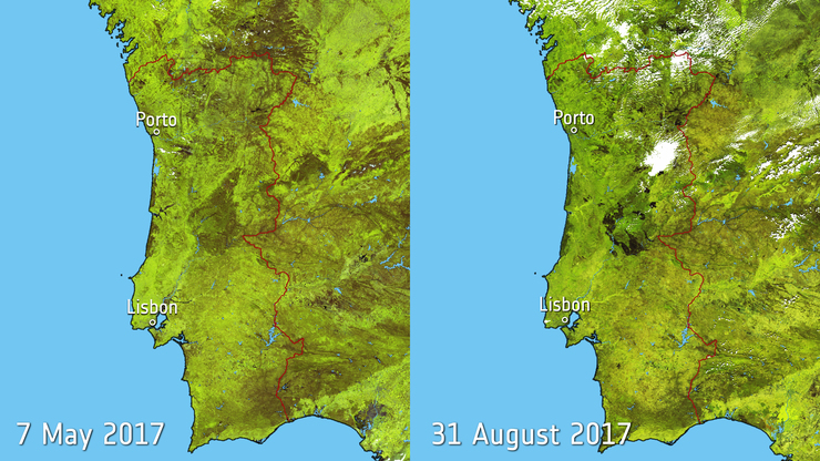 Imaxes tomadas polo satélite Copernicus Sentinel-3A antes e despois dos grandes incendios de 2017 / ESA.