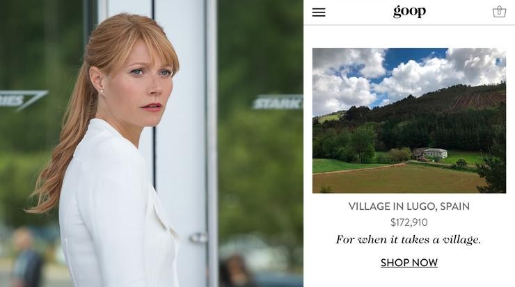A actriz Gwyneth Paltrow, nunha imaxe tomada por Jorge Figueroa, e aldea de Lugo á venda recomendada na súa páxina web Goop.