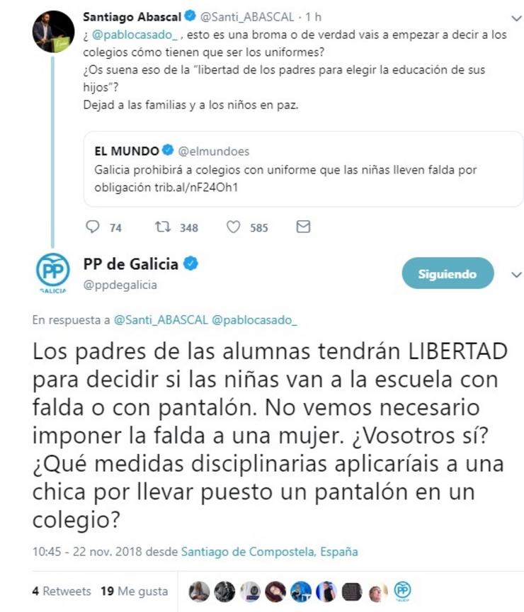 O PPdeG deféndese das críticas do presidente de Vox sobre o uniforme. PANTALLAZO TWITTER 