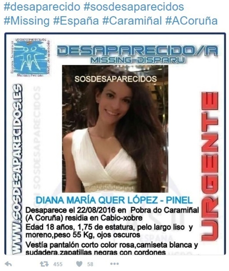 Alerta da desaparición de Diana María Quer López-Pinel 