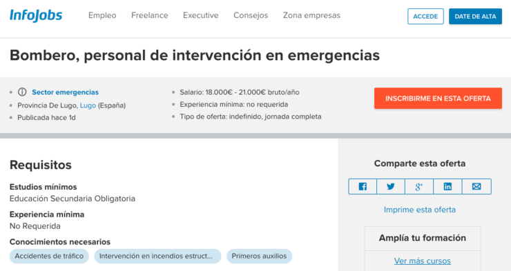 Oferta de traballo publicada en Infojobs para bombeiros na provincia de Lugo.