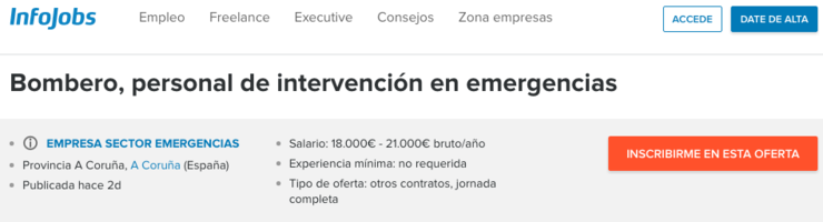 Oferta de traballo publicada en Infojobs para bombeiros na provincia da Coruña.