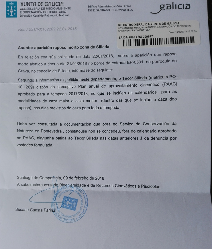 Resposta da Xunta ante o asasinato dun Lobo en Silleda. Petón do Lobo cre que mente para protexer ao lobbie dos cazadores