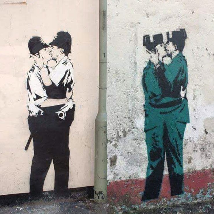 Obra orixinal de Banksy, á dereita, e graffiti pintado no barrio de Canido de Ferrol.
