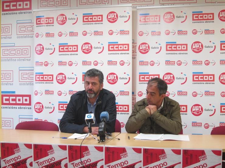 Ramón Sarmiento (CC.OO.) e José Antonio Gómez (UGT) en rolda de prensa/Arquivo
