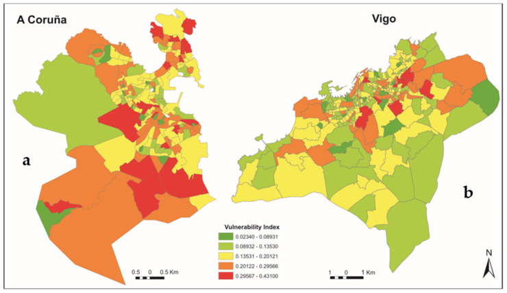 Índice de vulnerabilidade en Vigo e A Coruña, por áreas / Urban Science 2018, 2(2), 37; doi:10.3390/urbansci2020037.