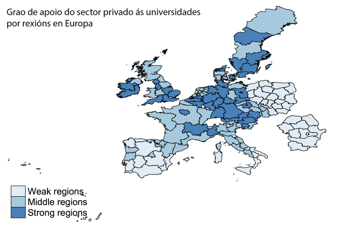 Mapa do apoio do sector privado ás universidades nas rexións europeas (weak: débil; middle: medio; strong: forte) / Lilles, A., Rõigas, K. & Varblane, U. J Knowl Econ (2018). https://doi.org/10.1007/s13132-018-0533-1.