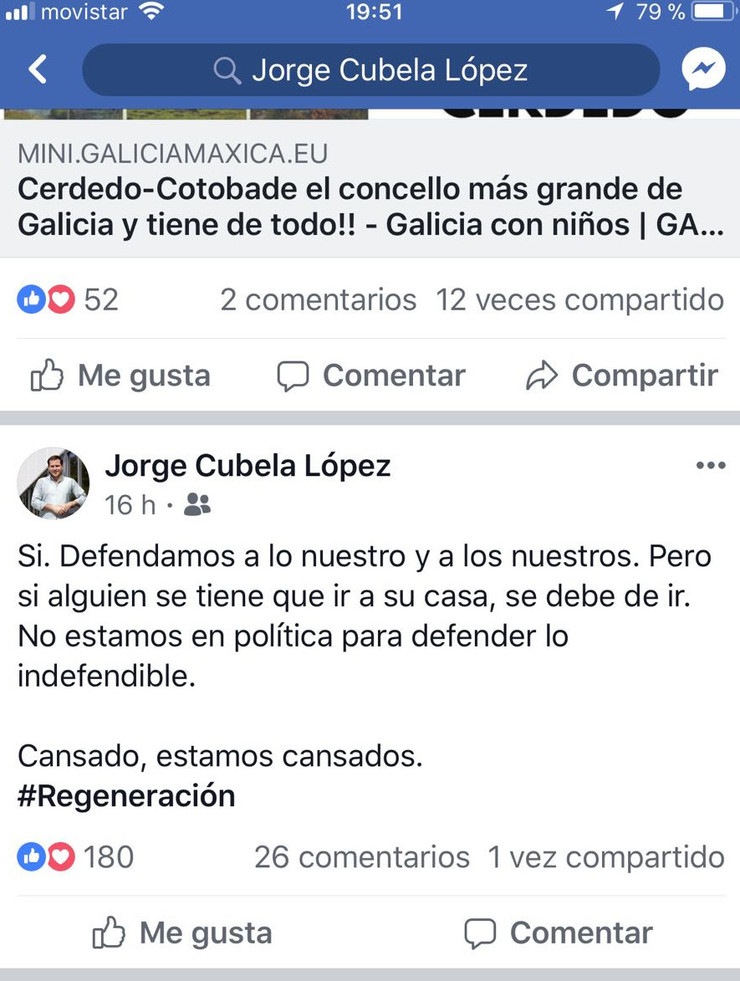 Jorge Cubela, alcalde de Cerdedo Cotobade pide a dimisión de Cristina Cifuentes na súa conta de FB