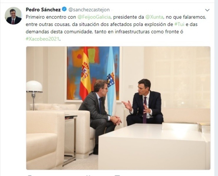 Pedro Sánchez publica un tuit en galego após reunirse con Núñez Feijóo. TWITTER PEDRO SÁNCHEZ 