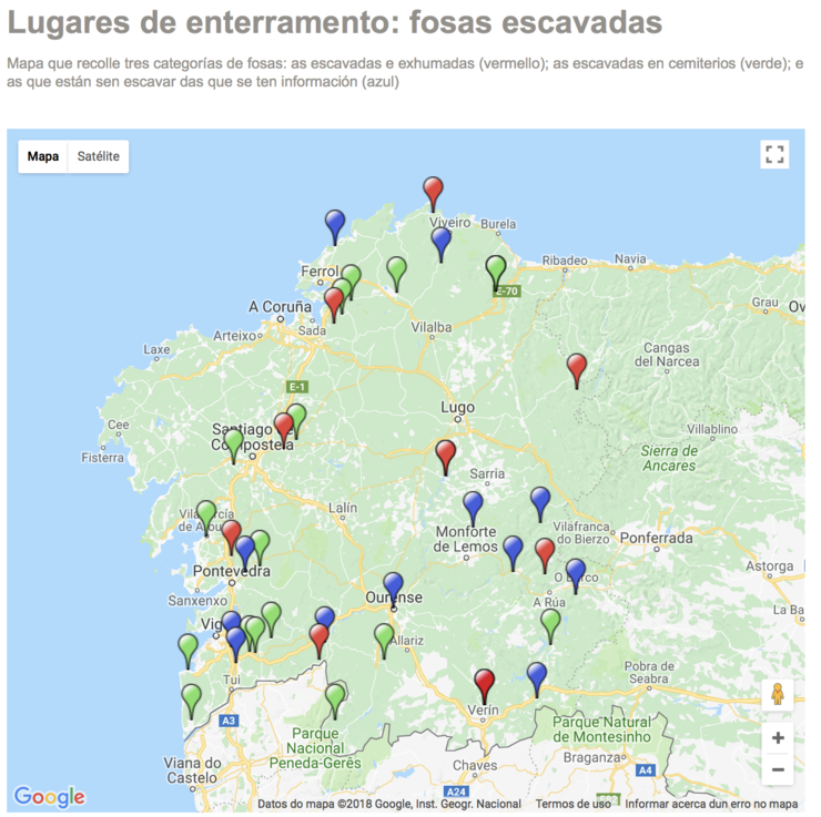 Mapa de 'Nomes e Voces' das fosas en Galicia 