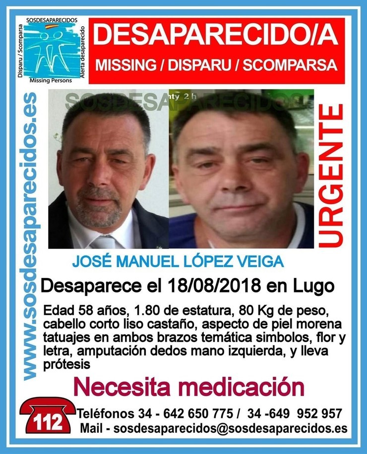 Alerta de desaparición dun home de 58 anos en Lugo. SOS DESAPARECIDOS 