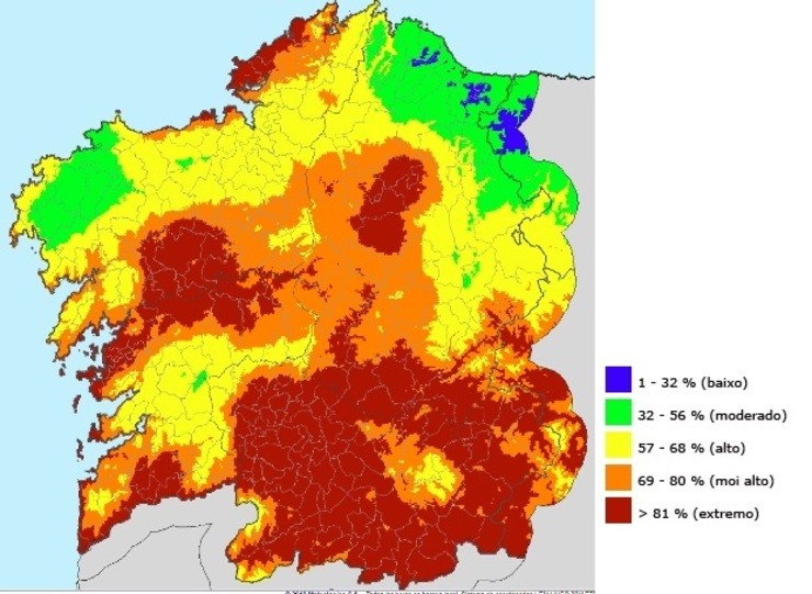 Mapa de risco de incendio en Galicia o 4 de agosto de 2018. XUNTA 