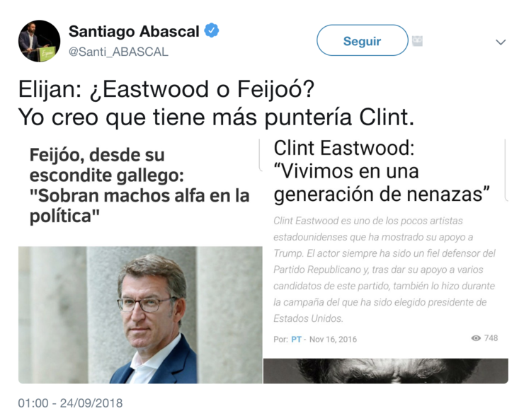 O presidente de VOX, Santiago Abascal, carga de novo contra Feijóo nas redes sociais.