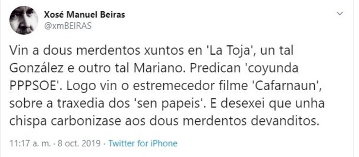 Tuit publicado polo histórico dirixente nacionalista Xosé Manuel Beiras. CAPTURA DE PANTALLA 