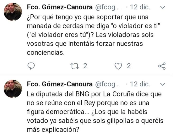 Tuits do párroco de Zas, Francisco Gómez-Canoura, nos que chama 'manada de porcas' ás feministas e 'imbéciles' aos votantes do BNG. EUROPA PRESS (TWITTER) 