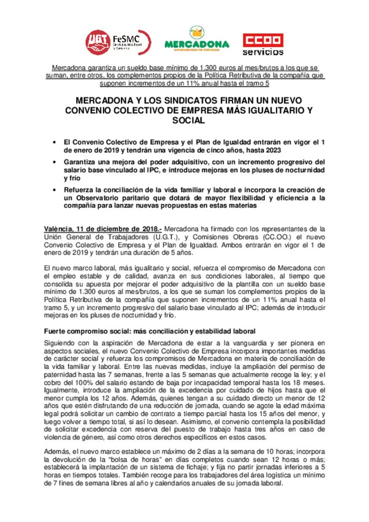 Convenio laboral Mercadona 2019 