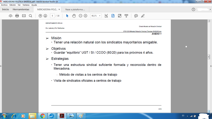 Parte do documento para relacións cos sindicatos 