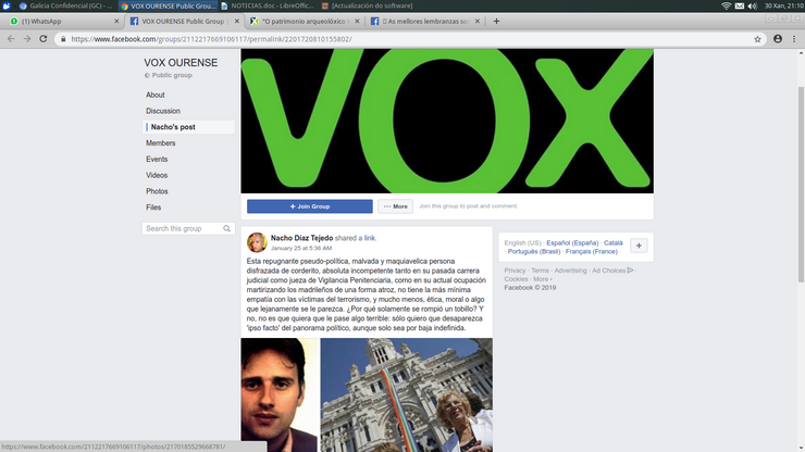 Publicación do FB de Vox en Ourense no que se critica duramente a Carmena