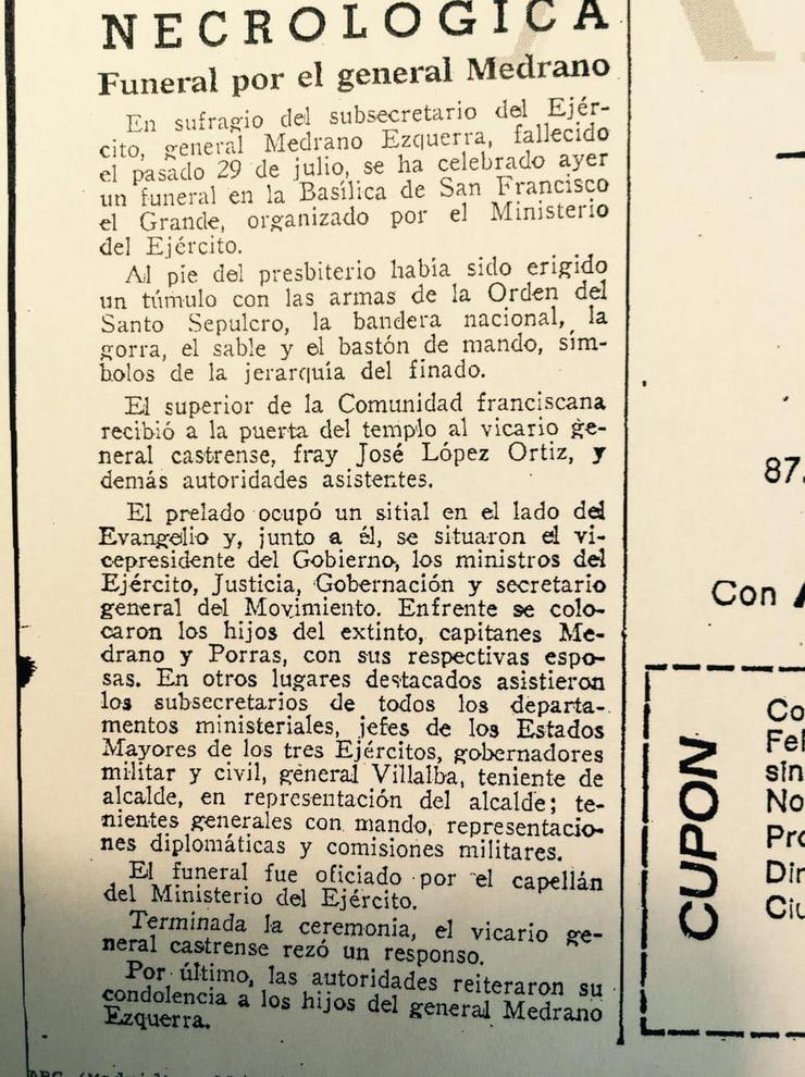 Necrolóxica do tenente coronel do Estado Maior do Exército español, Carmelo Medrano Ezquerra