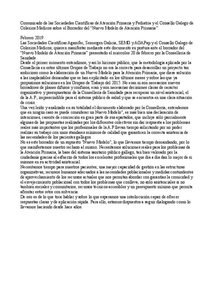 Comunicado de asociacións e profesionais de Atención Primaria