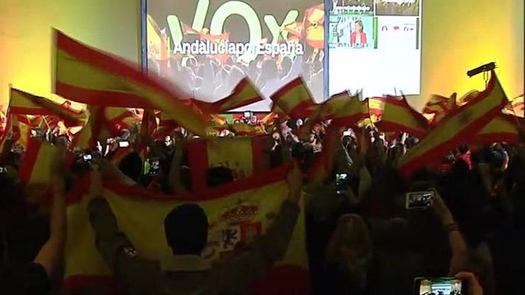 Simpatizantes e militantes de Vox con bandeiras de España durante as eleccións en Andalucía 