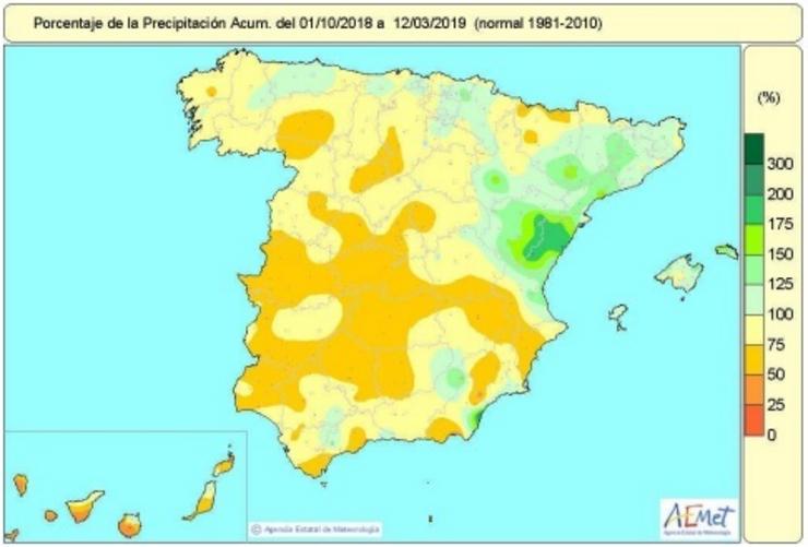 A falta de choivas acumuladas desde outubro en España mantense nun 14%. AEMET 