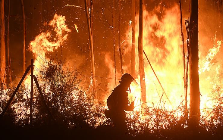 Membro do equipo de extinción de incendios loitando contra o gran lume de Rianxo e Dodro / © Miguel Núñez