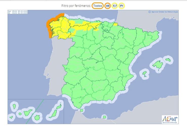 Activado o aviso laranxa en todo o litoral galego. AEMET 