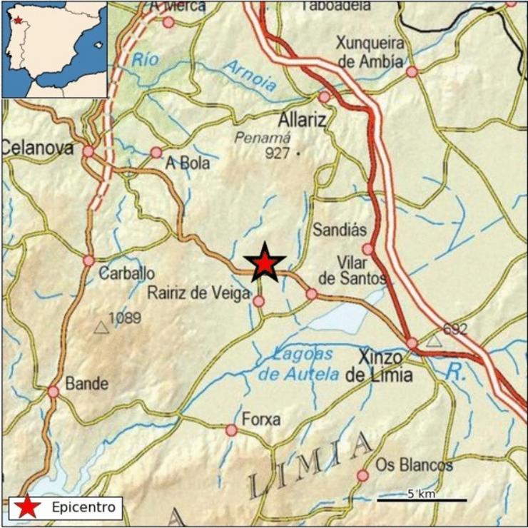Galicia rexistra cinco terremotos entre o domingo e o luns, tres deles en Rairiz de Veiga (Ourense). INSTITUTO XEOGRÁFICO NACIONAL