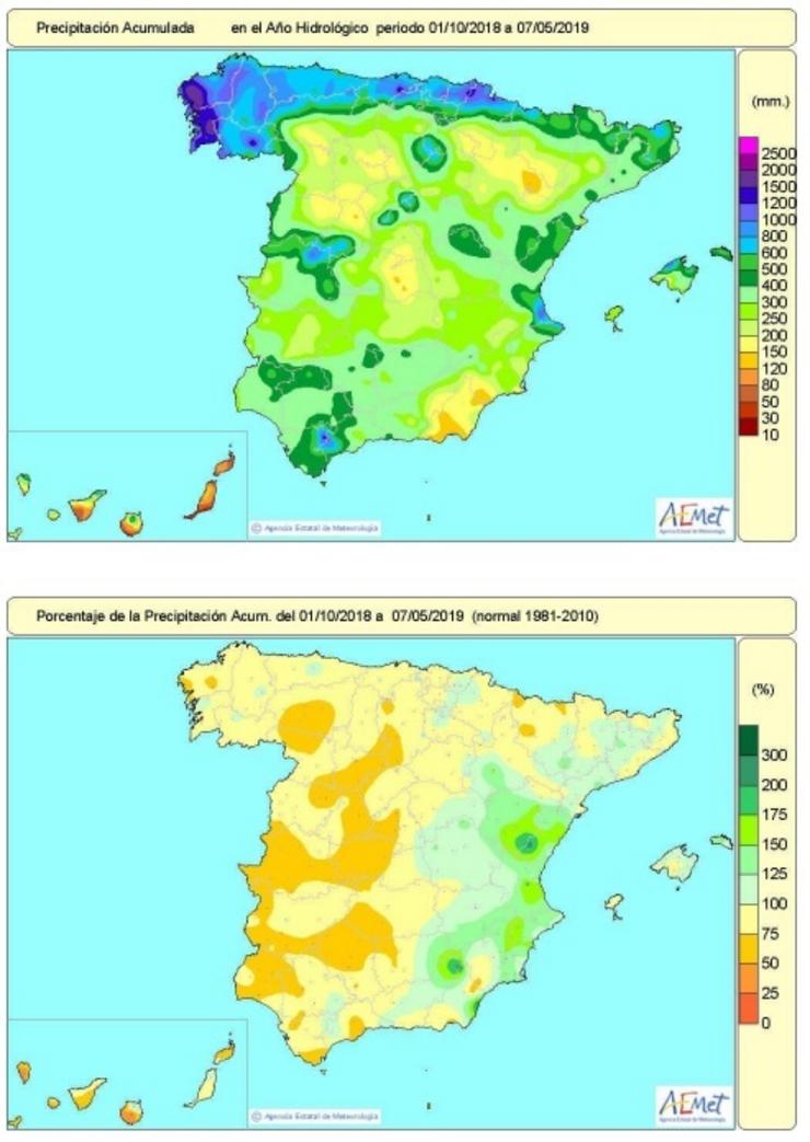 A falta de choivas acumulada desde outubro sitúase nun 10% a pesar de terminar o segundo abril máis chuvioso do século. AEMET 