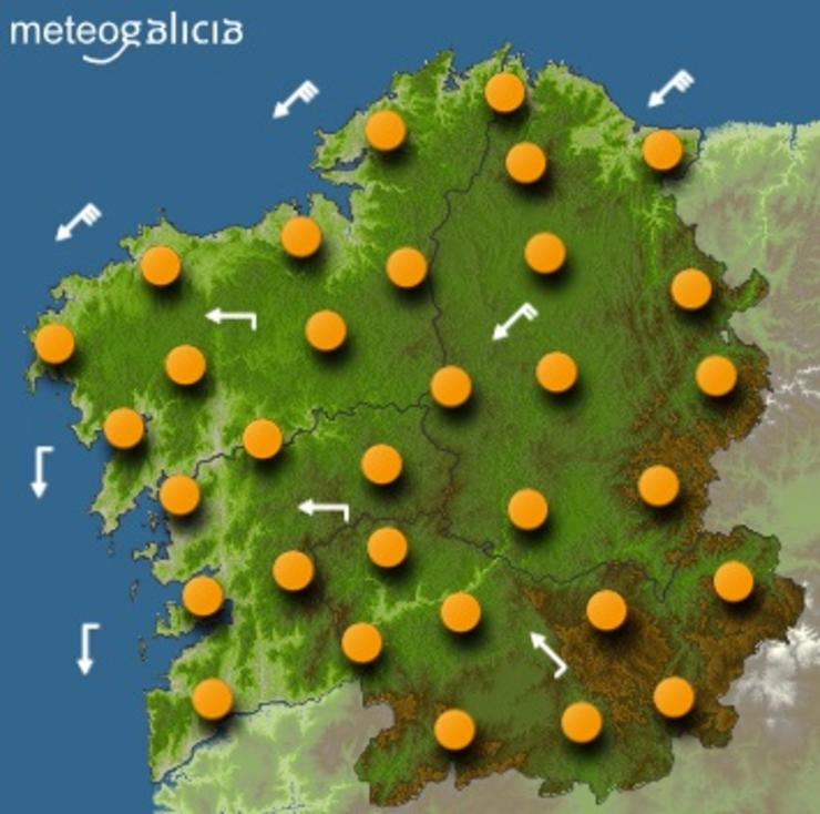 Predicións meteorolóxicas para este domingo: ceos pouco anubrados ou despexados e máximas en ascenso que chegarán a 30º. METEOGALICIA 