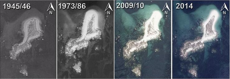 Fotografías aéreas do illote de Guidoiro  Areoso (1945-2014). A partir da década de 1980, o aumento do nivel do mar reduciu un metro a altura da duna na área norte e estreitou as praias ata o punto de que a illa pronto se dividirá en dúas / De Agüero, E.-G.; Fernández-Rodríguez, C.; Roselló-Izquierdo, E.; Llorente-Rodriguez, L.; Bejega-García, V.; Fuertes-Prieto, N.; Morales-Muñiz, A. Fish- and Shellmiddens from Galicia (Northwest Spain): Reflections upon a Neglected Coastal Cultural Heritage from the Iberian Peninsula. Humanities 2019, 8, 85.