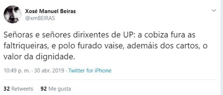 Beiras lanza unha mensaxe a Unidas Podemos ante o conflito no grupo de En Marea: 'a avaricia rompe o saco'. CAPTURA 