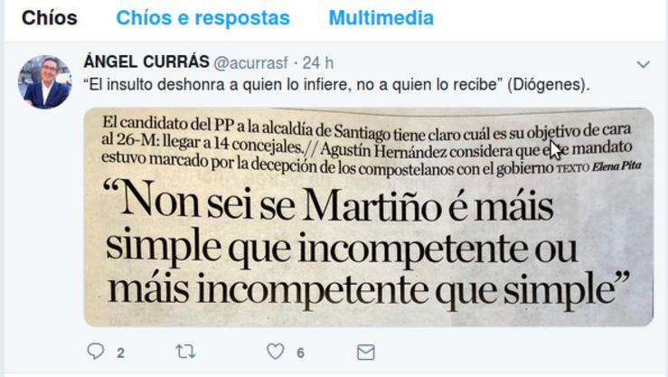 Tuit de Ángel Currás críticando a Agustín Hernández / Tuiter