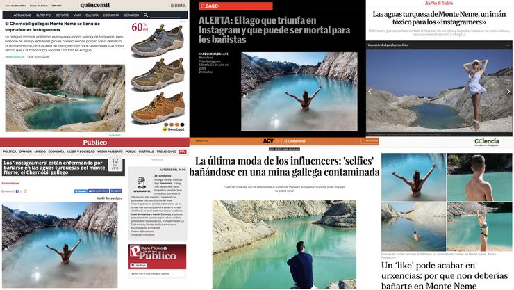Titulares de distintos medios sobre a presunta 'moda' en Instagram de publicar imaxes bañándose no lago do Monte Neme.