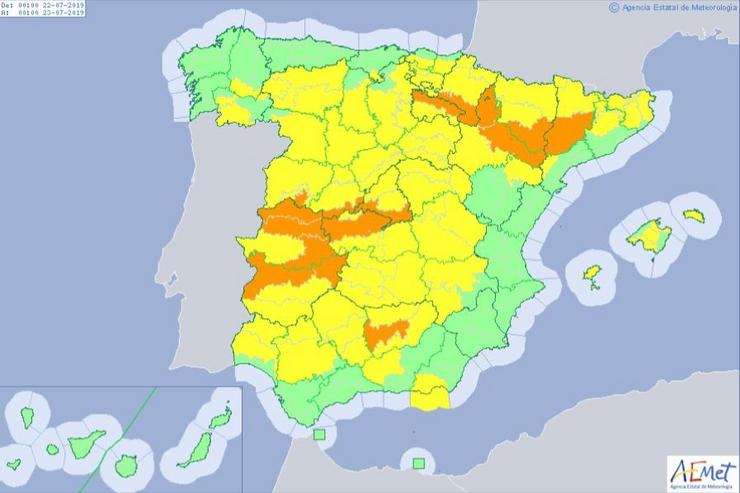 Mapa das alertas por altas temperaturas da Aemet 